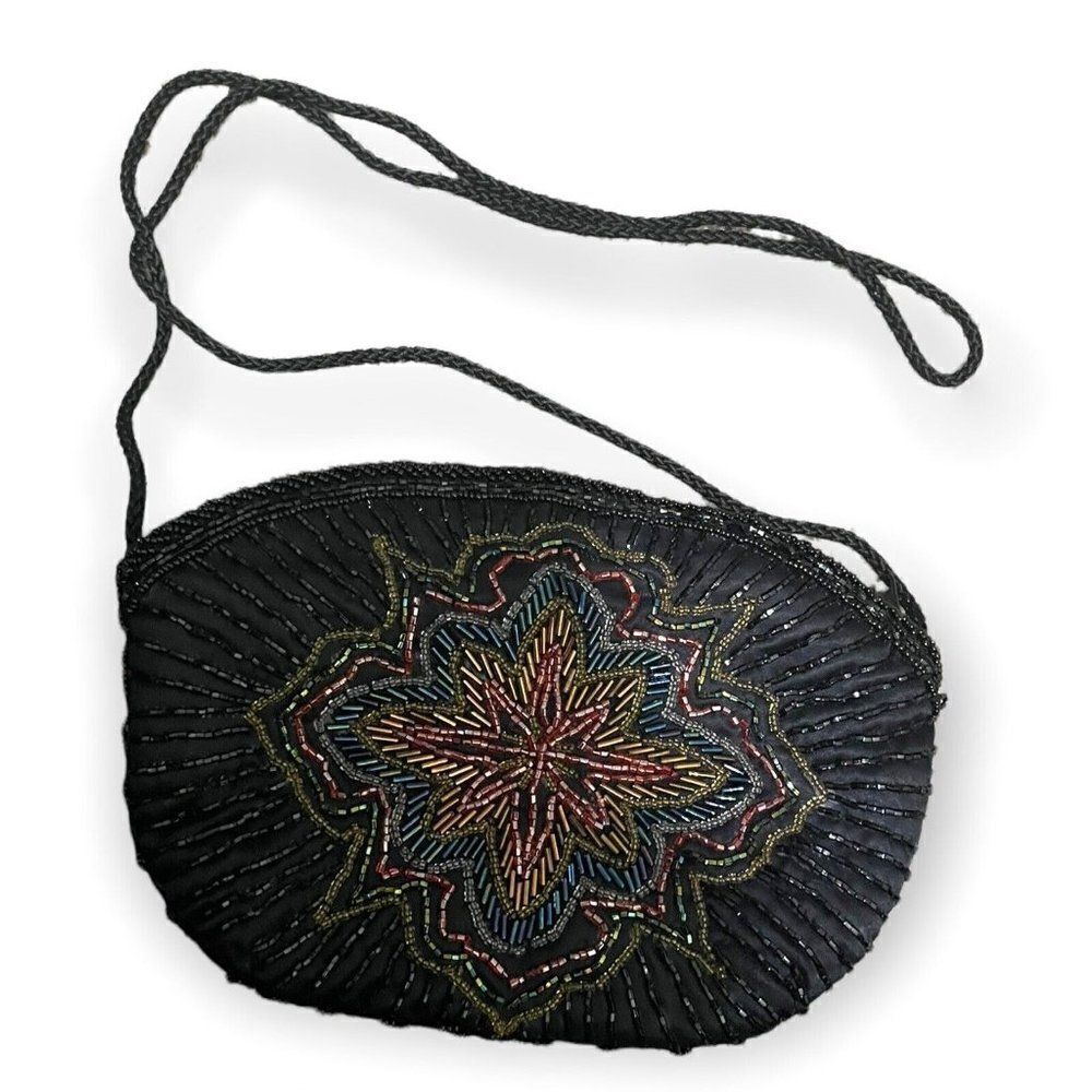 Sophistique Elegant Formal Beaded Black Crossbody Multicolored Clutch Bag Padded